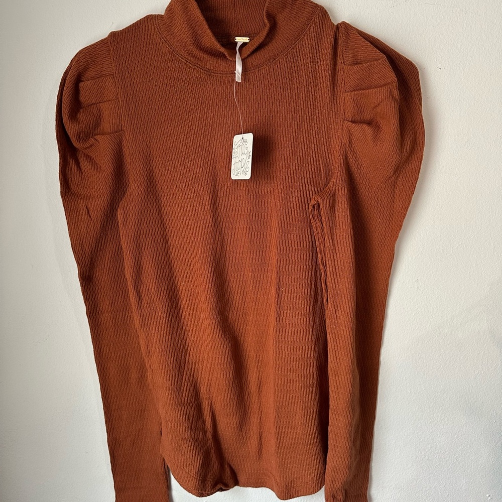 Free People Rust Long Sleeve Princess Puff Shoulder Mock Turtleneck Sweater